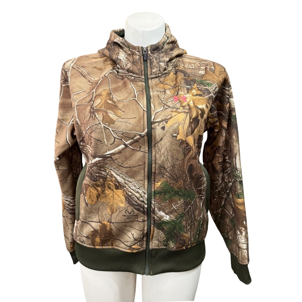 Under Armour ColdGear Realtree Xtra Camo Full Zip Hoodie Womens Large Pink Logo
